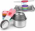 Magnetic Measuring Cups & Spoons Set, Strong N45 Magnets, Heavy Duty Stainless Steel Fits in Spice Jars for Baking & Cooking, BPA Free, Round Set of 15 with Leveler, Colorful