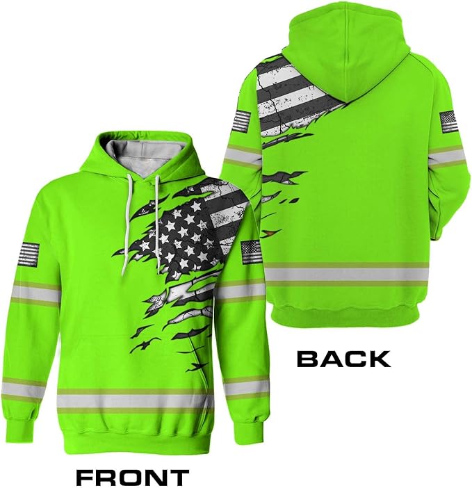 US Flag High Visibility Hoodie for Men Reflective Hoodie Safety Workwear for Worker Runner Patriotic ACC02