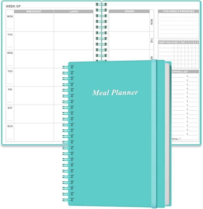 Weekly Meal Planner - A5 Weekly & Daily Meal Prep Journal with Shopping and Grocery Lists for Menu Planning, 93 Sheets/186 Pages Healthy Diet & Weight Loss Tracking, Undated, 52 Weeks, Lasts 1 Year,