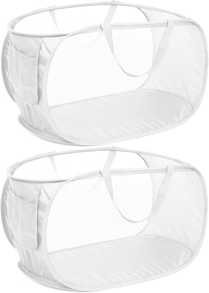Strong Mesh Pop Up Laundry Basket, Collapsible Laundry Hamper with Side Pocket, Foldable Clothes Hamper with Durable Reinforced Handles for Laundry, Bathroom, Kids Room, Dorm or Travel 2 Pack White