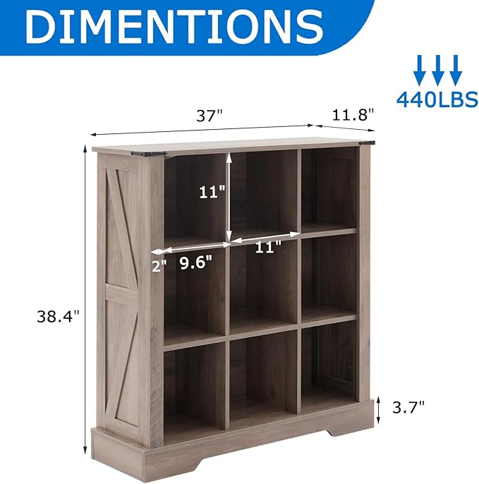 9 Cube Bookcase, Wooden Cube Storage Organizer Shelf, Brown Horizontal Book Shelf with LED Lights, Freestanding Display Cabinet for Living Room, Hallway TV Stand for Entryway