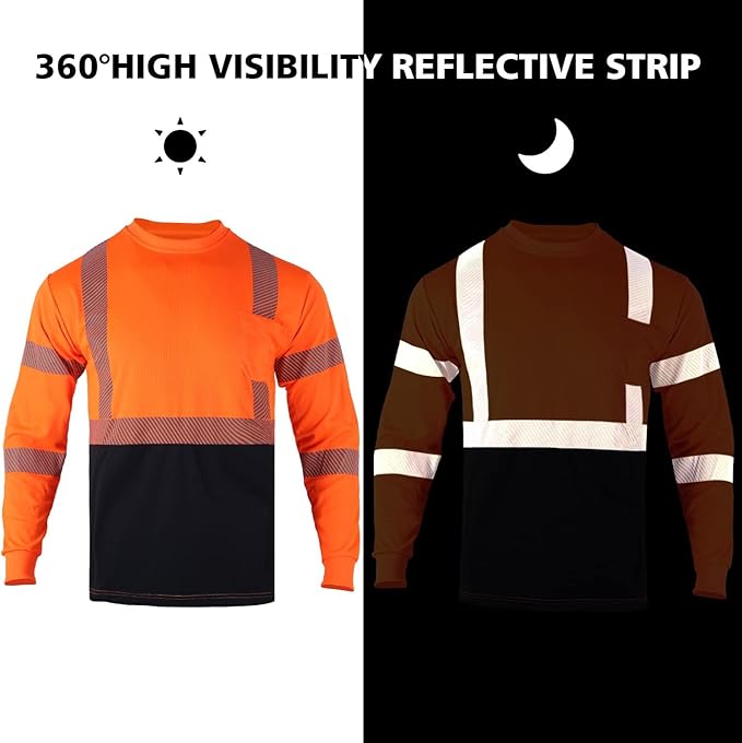 FONIRRA Safety Shirts for Men High Visibility Reflective ANSI Class 2 Hi Vis Construction Work T Shirts Long Sleeve