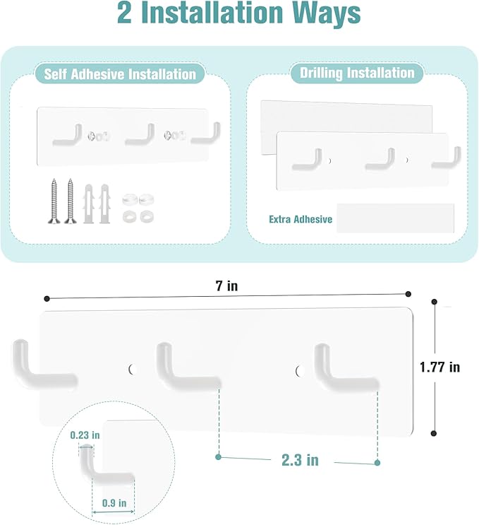 RELBRO Key Holder Wall Mount, Small Metal Self Adhesive Key Rack with 3 Hooks, 2 Installation Options, White