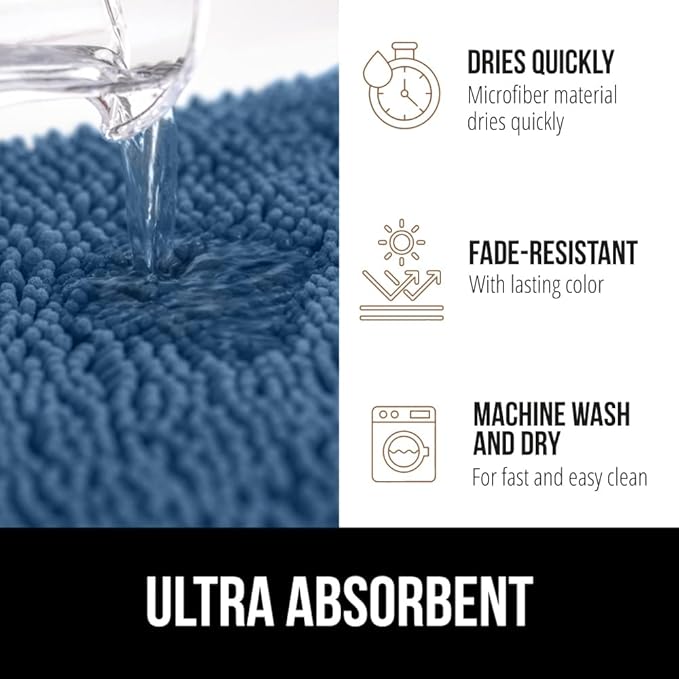 GORILLA GRIP Plush Absorbent Shaggy Chenille Bath Rug Mat for Square Toilet Base with Rubber Backing, Machine Washable Rugs, Soft Microfiber Contour Mats for Toilets, Bathroom Decor, Blue