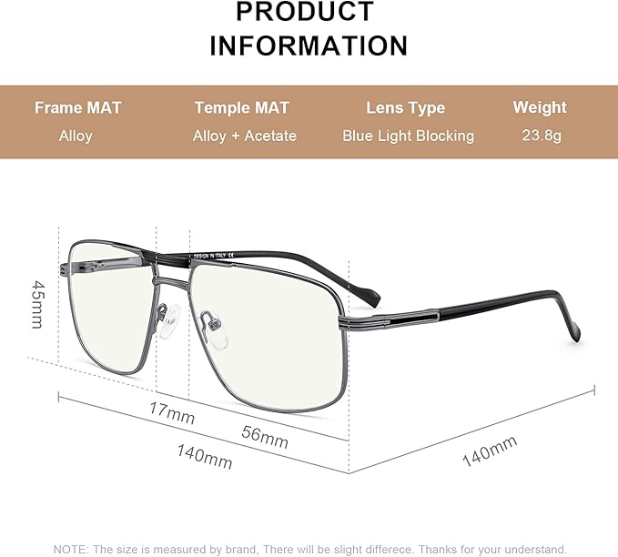Reading Glasses for Men Square Double Bridge Blue Light Blocking Computer Readers