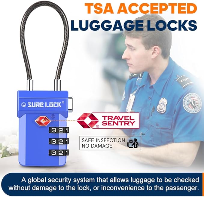 SURE LOCK TSA Approved 3-Digit Combination Luggage Locks – Open Alert Indicator, Re-settable Code with Zinc Alloy Body, Easy-Read Dials for Suitcase, Backpack, Gym Locker & Toolbox (Multiple Colors)