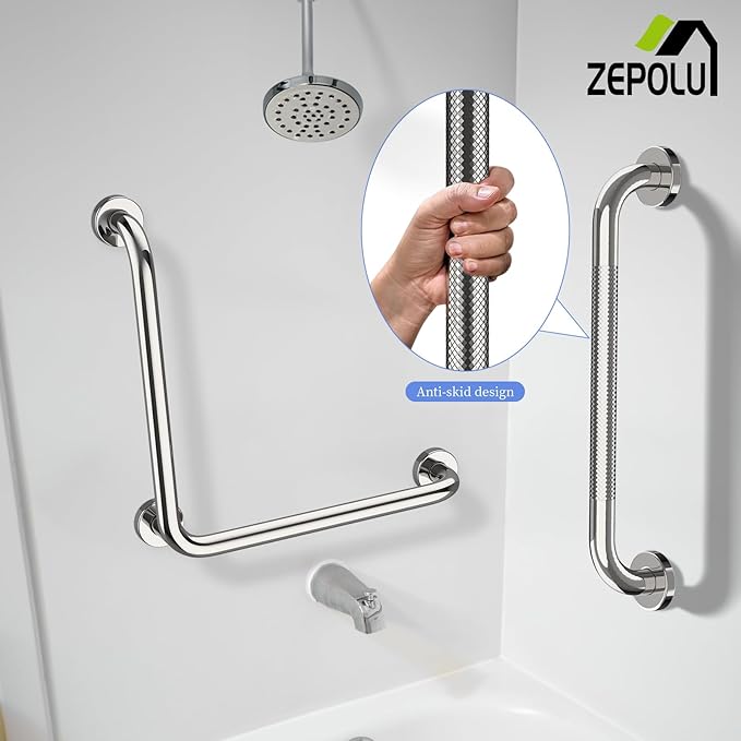 Polished Chrome L-Shaped Grab Bar 16x16 Inch + Knurled Shower Grab Rail 20 Inch, Zepolu Stainless Steel Angled Toilet Safety Bar, Bathroom Mobility Aid Handrail, Balance Support Assist Bar for Senior