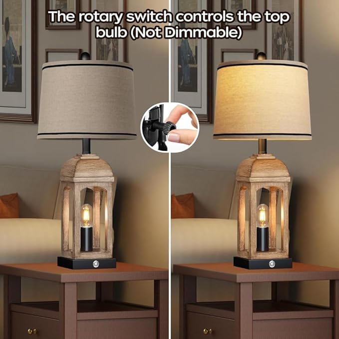 26" Rustic Set of 2 Bedside Lamps, Nightstand Lamp with 3-Way Dimmable Touch Control, Farmhouse Lamps with USB A+C and Nightlight for Living Room Bedroom