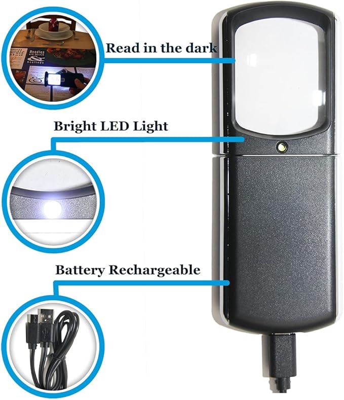 EasY Magnifier Small Rechargeable Magnifying Glass with LED Light 3.0X, Lighted Handheld Magnify Glasses for Reading Fine Prints & for Close Work; Gift for Elderly & Seniors with Low Vision