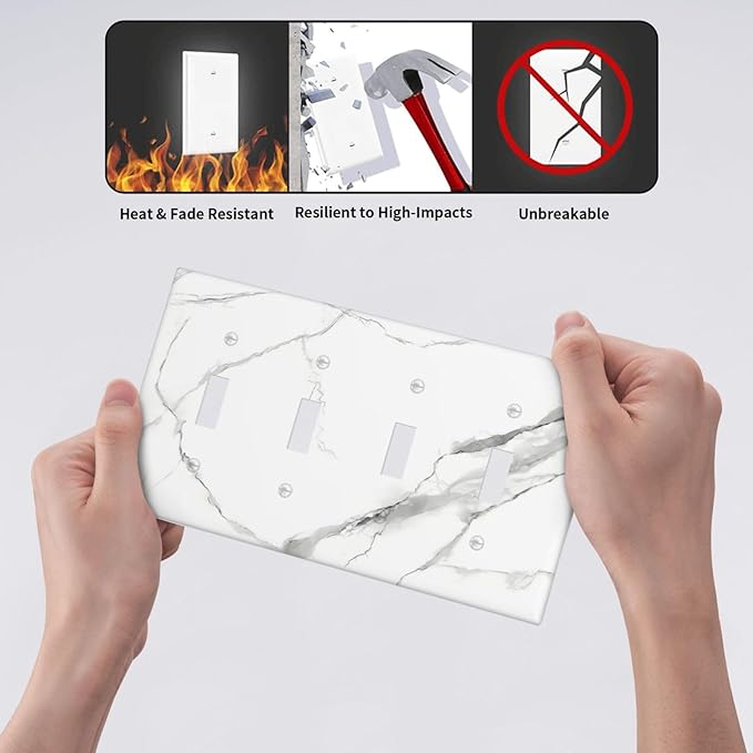 White Marble Abstract Luxurious Print Light Switch Covers Quad Toggle Electrical Faceplate 4 Gang Wall Plate Decorative Switch Plates Cover for Bathroom Kitchen Home Decor