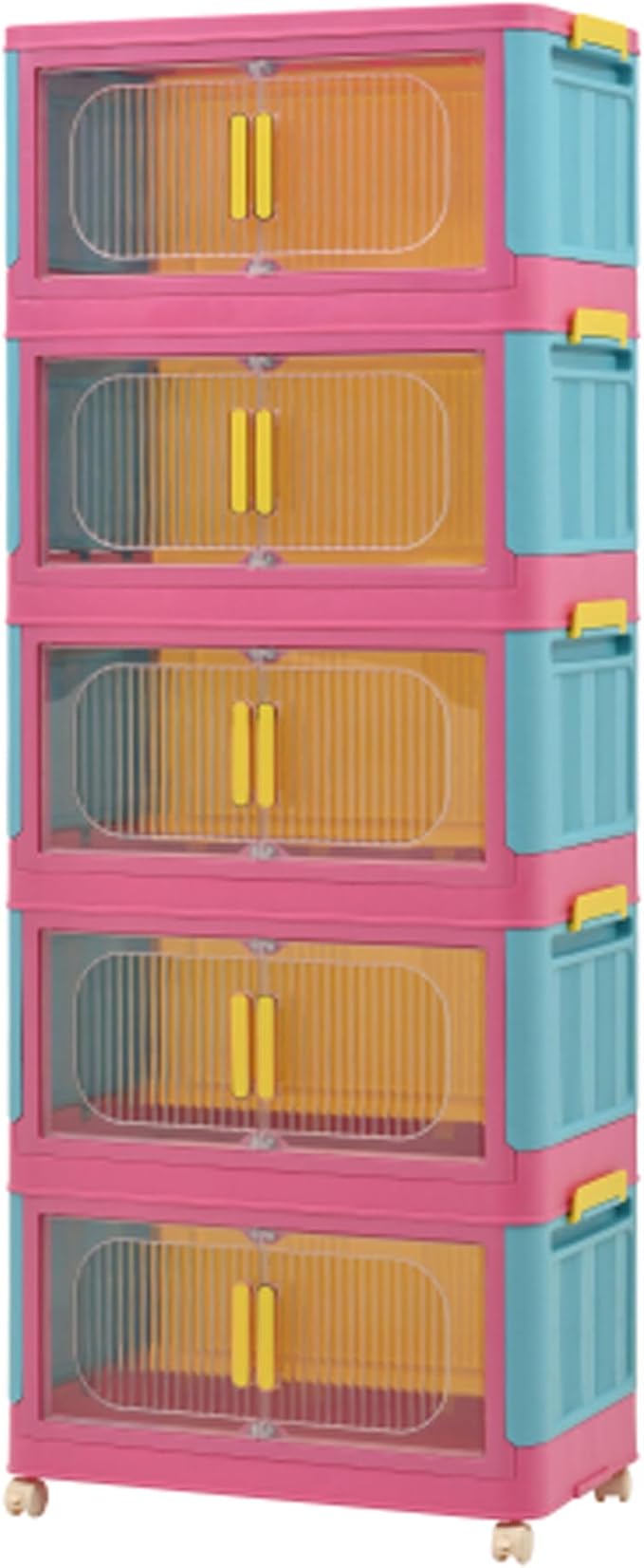 5 Tiers Folding Storage Cabinet, 20" Side Wide Collapsible Storage Bins with Doors and Wheels, Space Saving Plastic Cabinet for Living Room, Office, Dorm, Rainbow
