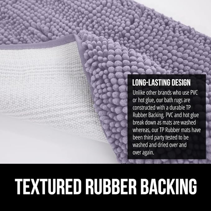 GORILLA GRIP Plush Absorbent Shaggy Chenille Bath Rug Mat for Square Toilet Base with Rubber Backing, Machine Washable Rugs, Soft Microfiber Contour Mats for Toilets, Bathroom Decor, Lt Purple