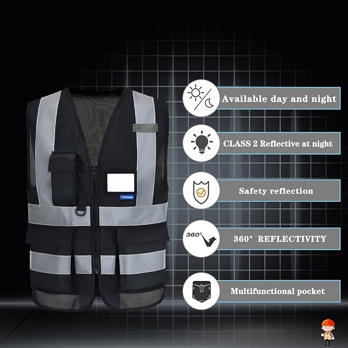A-SAFETY 7 Pockets Hi Viz Zipper Front Working Safety Vest with Reflective Strips, Multiple Colors Available, Black M