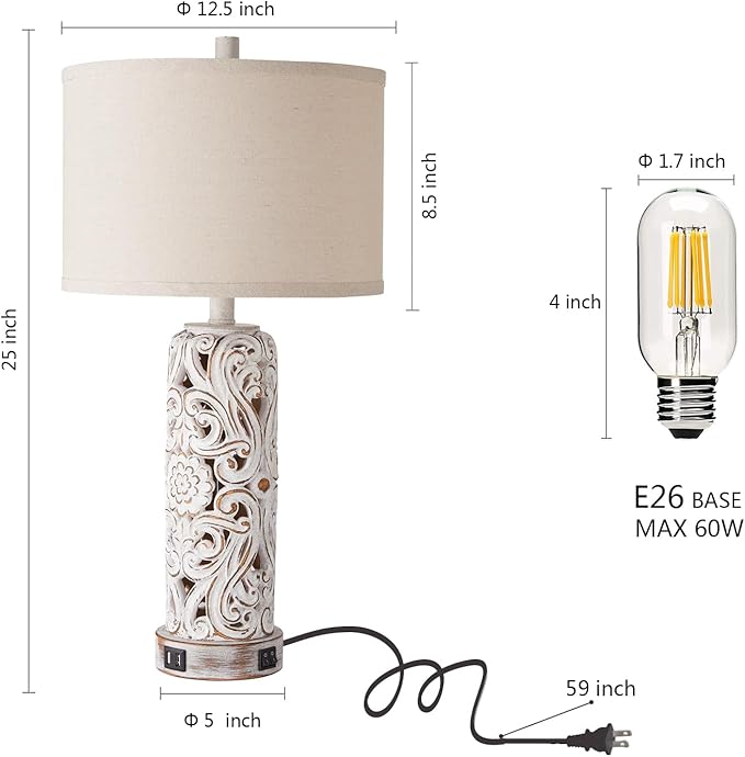 Set of 2 Rustic Farmhouse Table Lamps for Living Room Bedroom, Vintage Bedside Lamp with Dual USB Port, Antique White Resin Retro Nightstand Lamps with Night Light