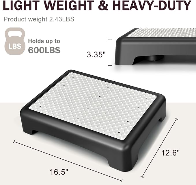 GWNF3.35'' Short Step Stool – 600lb Capacity Ultra-Sturdy Structure & Lightweight Step Stools for Seniors, Kids & Adults | Non-Slip Wide Platform | Mobility Step Stool for Indoor & Outdoor（Black-Grey）