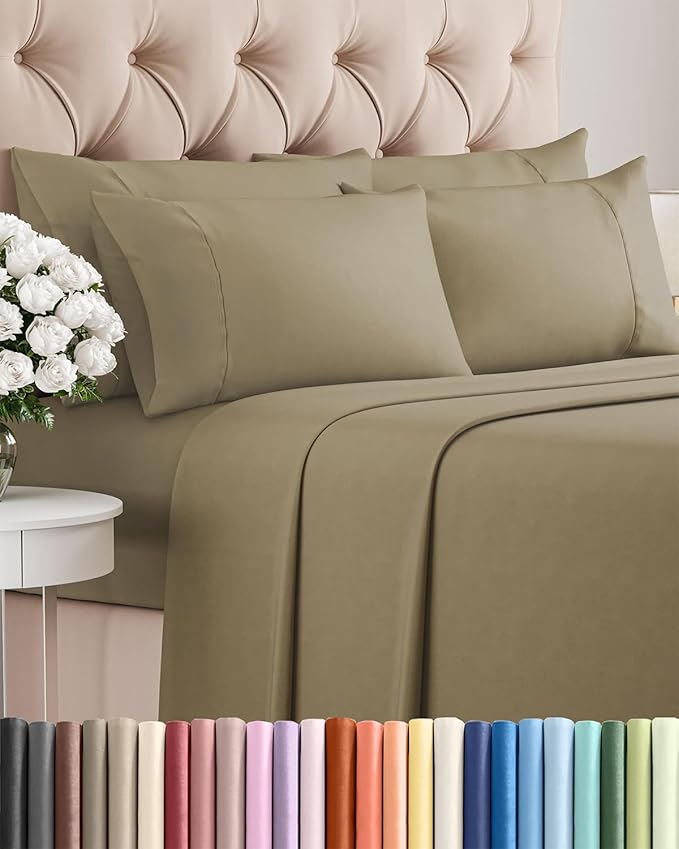 Queen 6 Piece Sheet Set - Cooling & Breathable Bed Sheets - Hotel Luxury Bed Sheets for Women, Men, Kids & Teens - Comfy Bedding w/Deep Pockets & Easy Fit - Soft & Wrinkle Free - Queen Khaki Sheets