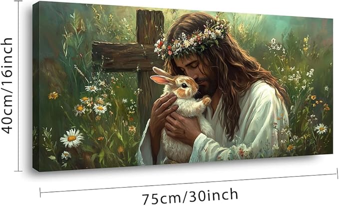 Green Jesus Love Wall Art for Bedroom Canvas Painting Prints GOD Embrace Rabbit Bunny Spiritual Faith Crucifix Cross Vintage Art Deco Spring Artwork Office Farmhouse Decor