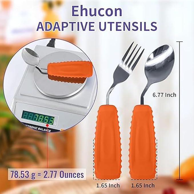 Adaptive Utensils,Weighted Angled Silverware,Parkinsons Aids,Angled Silverware Spoon and Fork Set for Elderly, Arthritis, Dementia, Disable, Handicapped Hands (Left Hand,Pack of 2,Orange)