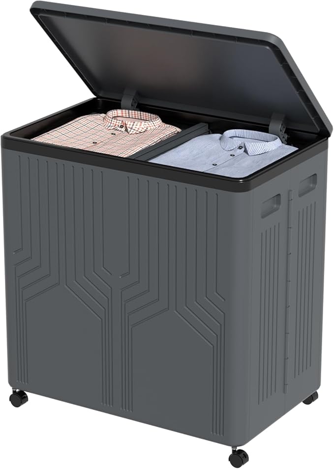 120 L Collapsible 2 Section Laundry Hamper, Plastic Rolling Laundry Basket 2 Section with Lid, Gray