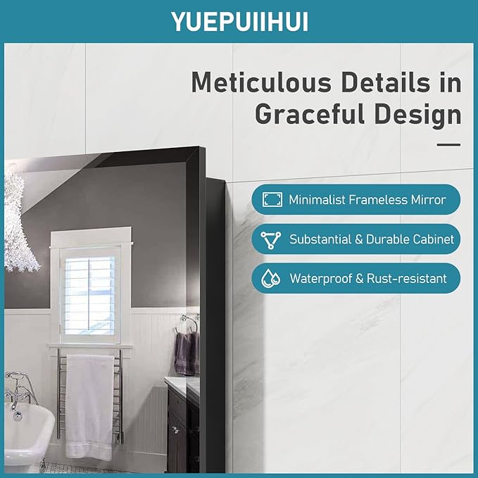 20 x 26 Inch Medicine Cabinet for Bathroom Wall Mounted, Recessed With Beveled Mirror and Adjustable Shelves, Black Cabinet With Ample Storage for Modern House
