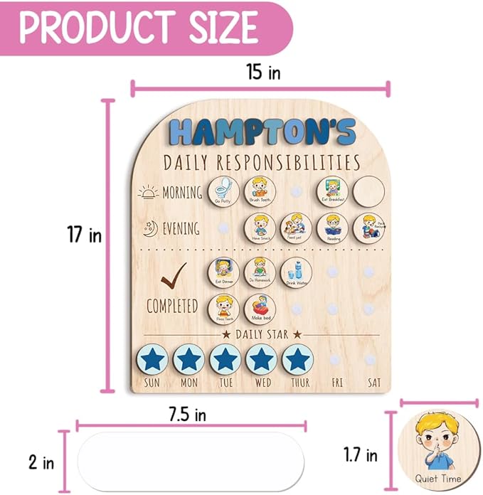 Personalized Wooden Chore Chart for Kids 15x17", Visual Schedule, Routine Chart for Kids, Morning Bedtime Routine Chart for Toddlers Ages 2-4, Daily Kids Schedule Board for Home (12)