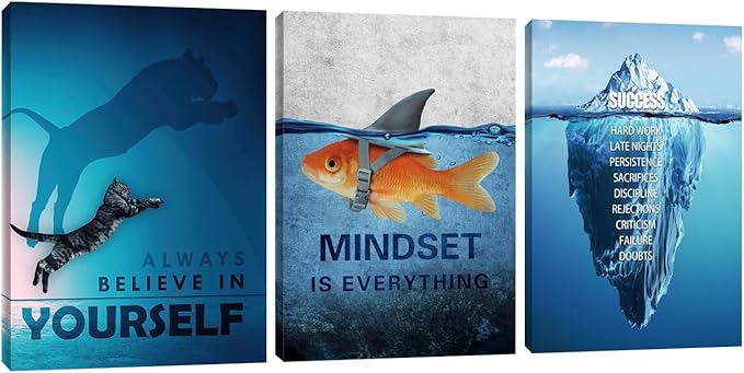 Unbruvo Motivational Wall Art for Office, 3 Pieces Cat Glacier Fish Canvas Print, Inspirational Quotes Wall Decor for Living Room, Bedroom, Dorm-(60''Wx 28''H)