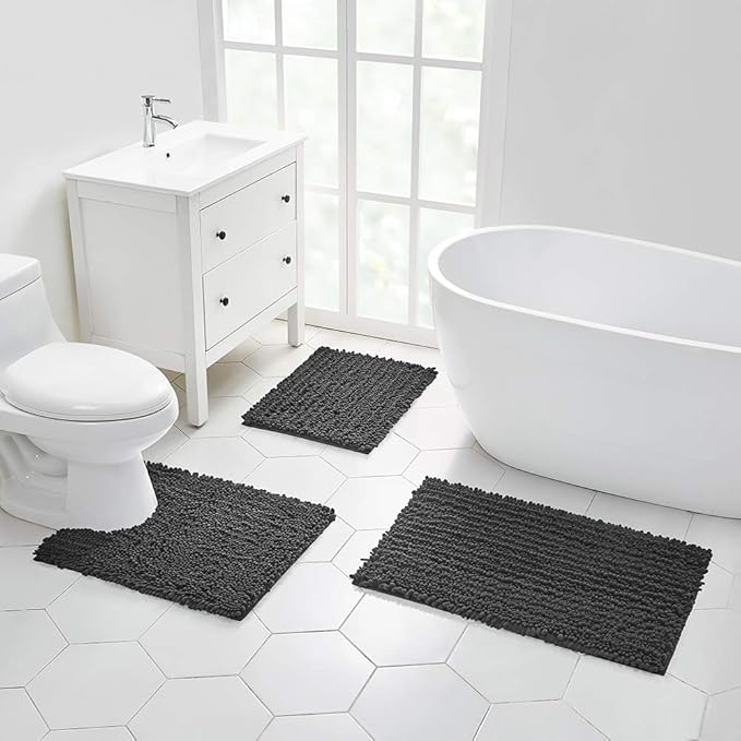 Walensee Bathroom Rug Non Slip Bath Mat (36x24 Inch Dark Grey) Water Absorbent Super Soft Shaggy Chenille Machine Washable Dry Extra Thick Perfect Absorbant Best Large Plush Carpet for Shower Floor