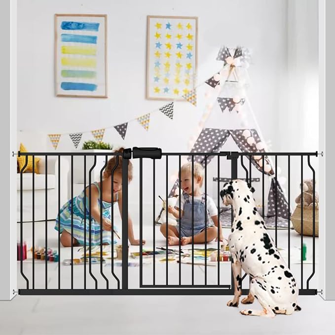 Fairy Baby Extra Wide Baby Gate Black 62-67 Inch Wide, Walk Through Pressure Mounted No Drill Dog Gate, Long and Large Tension Gate for Pet and Kids