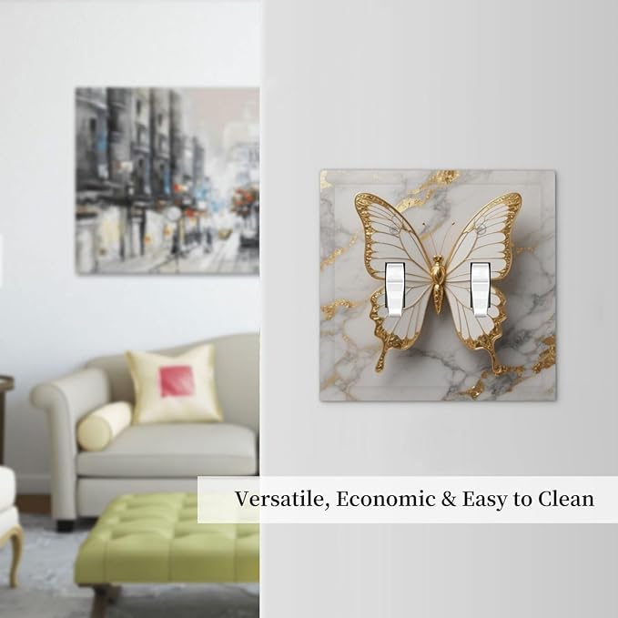 Gold Marble Shine Butterfly Abstract Modern Print Decorative Switch Plates 2 Gang Double Toggle Outlet Light Switch Cover Wall Plate Electrical Faceplate for Bed Room Bathroom Decor