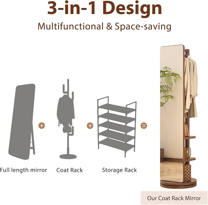 Full Length Mirror with Stand,Mirror Coat Rack,65.7 ''×15.8 ''Floor Mirror for Bedroom, Living Room, Dressing Room(Walnut)
