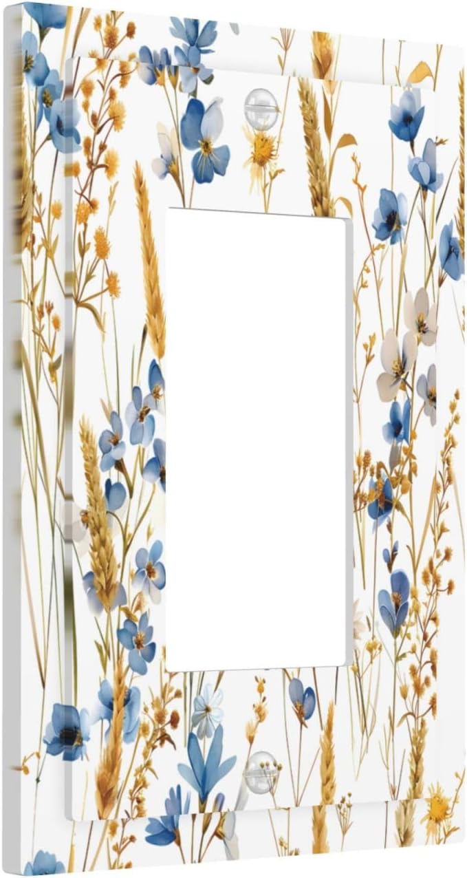 Vintage Wildflower Blue Gold Country Fall Wheat Floral Decorative Outlet Covers 1 Gang Single Rocker Light Switch Cover Plate Wall Plates GFCI Faceplate for Bedroom Living Room Decor