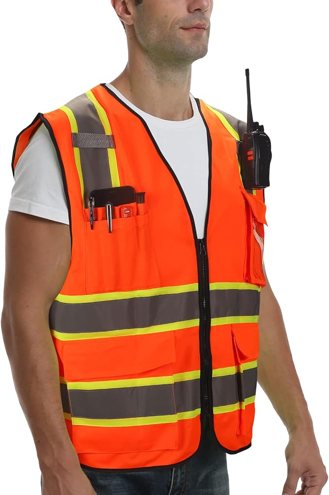 9 Pockets Hi Vis Safety Vest with Reflective Strips & Zipper Construction for Men & Women - Orange, 3XL