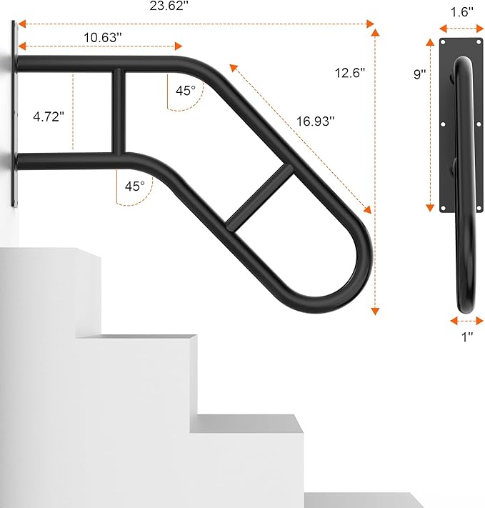 Handrails for Outdoor Steps ，22.8" Stair Railing Indoor1-3 Step, U-Shaped Safety Handrails for Kids, Elderly, Pregnant Women, Disabled (2 Pack Upgraded U-Shaped handrail)
