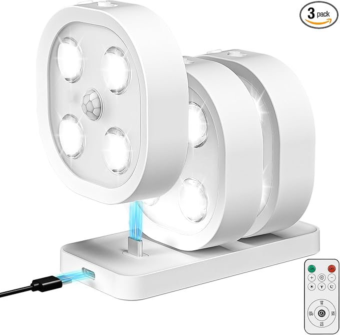 3PCS Motion Sensor Closet Puck Light, Wireless Rechargeable Stair Step Lights Indoor with 3 Colors Temper, Magnet Stick on Lighting for Cabinet,Hallway,Stairway,Bathroom,Bedroom,Kitchen