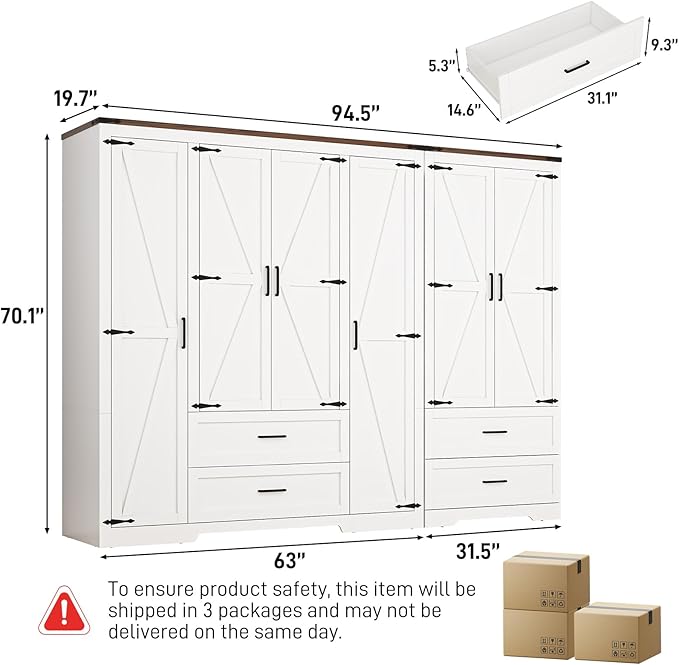 6 Doors Wardrobe Armoire Closet with Doors and Drawers, Farmhouse Wooden Armoire Storage Cabinet with Shelves for Bedroom, White