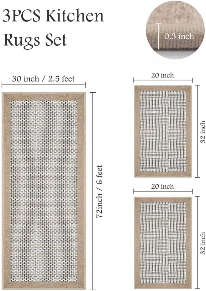 PADOOR Non Slip Kitchen Rugs Sets of 3 - Extra Large 2.5'x6' + 20"x32" + 20"x32" Runner Rugs for Kitchen Floor Non Skid Washable, Absorbent Kitchen Mat for in Front of Sink 3 Piece Brown