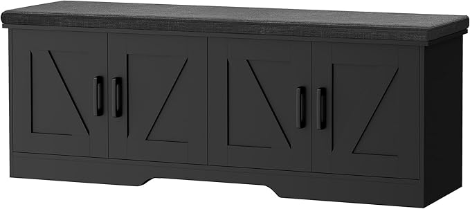2-Tier Storage Bench, 47.2" Wide Shoe Bench with Padded Seat Cushion, Entryway Bench with 4 Barn Doors and Adjustable Shelf, Black