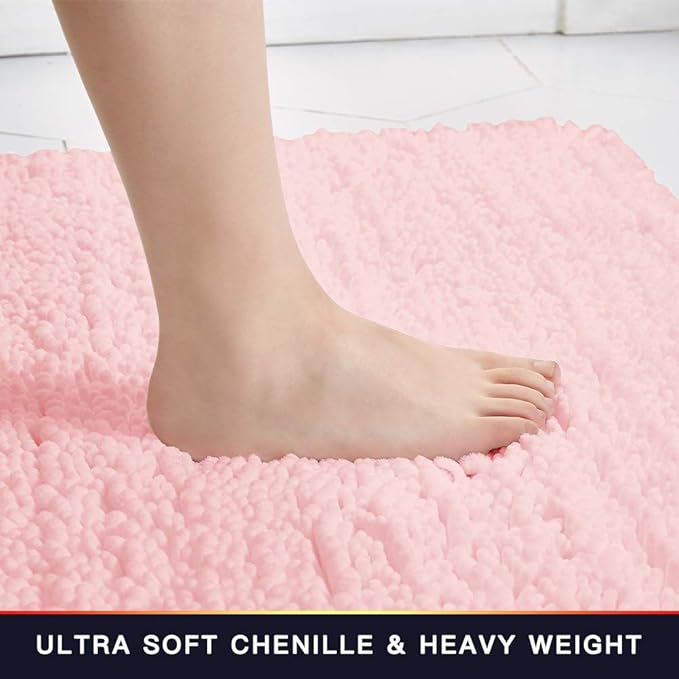 Walensee Bathroom Rug 2 Pieces Set Non Slip Bath Mat (20"x32" Plus 20"x32" Blush) Water Absorbent Super Soft Shaggy Chenille Machine Washable Dry Extra Thick Perfect Carpet for Shower Floor