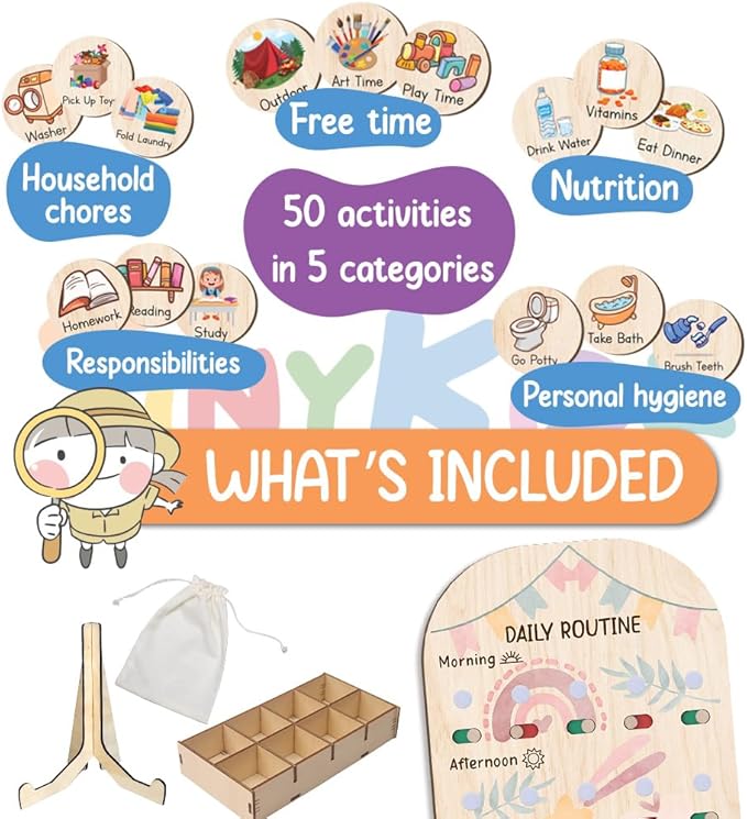 Wooden Chore Chart for Kids, Daily Routine for Girls, Wooden Daily Chore Chart, Daily Responsibilities for Toddler