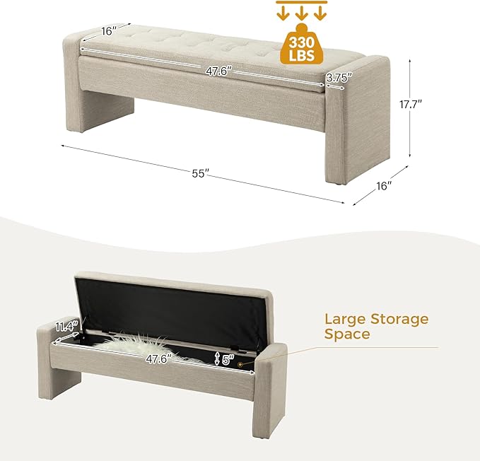55" Modern Upholstered Storage Bench with Tufted Seat, Fabric Ottoman Bench for Bedroom, Entryway, or Living Room, Soft Close Hinge,Beige