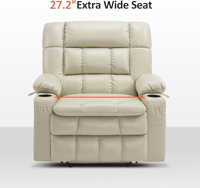 MCombo Dual Motor Power Lift Recliner Chair for Elderly, Lay Flat Lift Chair with Heat and Massage, Extra Wide Lift Recliner for Big People, Cup Holders, Faux Leather R7897 (Cream White, Medium-Wide)
