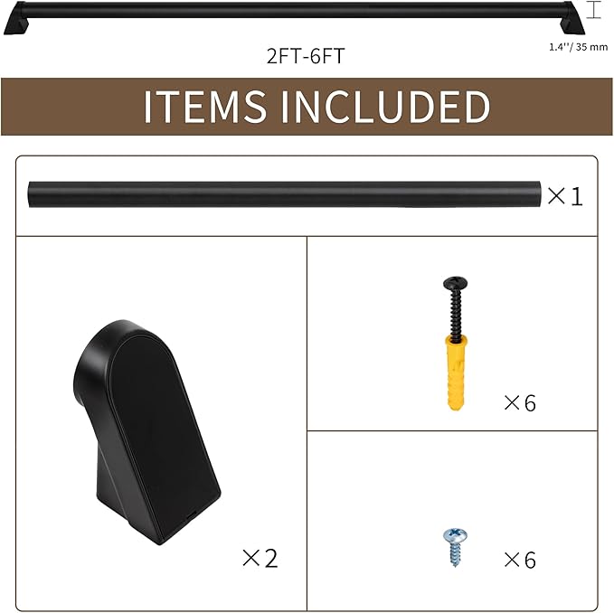 2 FT Modern Aluminum Handrail Set - ADA Compliant Indoor & Outdoor Stair Railing. 1.4" Diameter Grab Bar. Wall-Mounted with 90°Wall Return End. Ideal for Safe Grip，Rust Free(Matte Black, 2 FT)