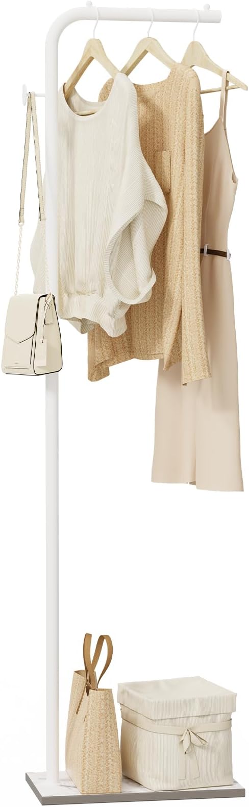 OUTBROS Metal Coat Rack, Coat Tree with Rock Base,L Shaped Freestanding Hall Tree, Clothes Hanger Stand Suitable for Bedroom, Hallway, Entrance, 15.3 x 10.2 x 70.8 inch, White