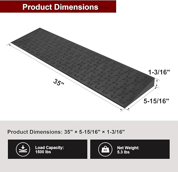 Ruedamann 1.2" Rise Threshold Ramps for Doorways, Sturdy Rubber Threshold Ramp, Non-Slip Ramp for Wheelchair for Home, Adjustable and Cuttable for Wheelchairs, Scooters, Sweepers, Curbs