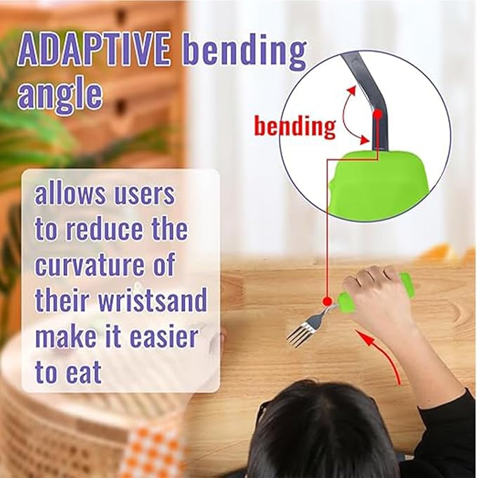 Adaptive Utensils,Weighted Angled Silverware,Parkinsons Aids,Curved Non-Slip Easy Grip Spoon and Fork Set for Tremors,Disabled,Handicap,Elderly,Arthritis (Right Hand,Pack of 2,Green)
