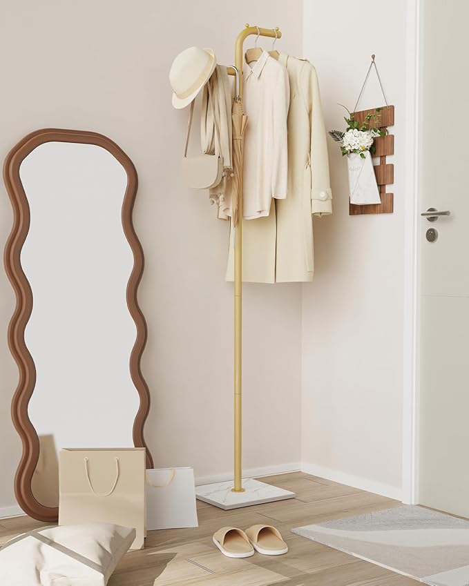 Coat Tree Freestanding, Modern Sturdy Clothes Hanger with Rock Slab Base, Heavy-duty Metal Hat Rack for Boutiques, Hallway, Entryway, 68.9 Inches High, Gold, GYJ012WJ