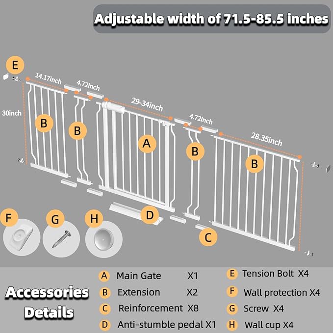 TSAYAWA Baby Gate Extra Wide Fits 71.65-85.82 inch Wide Opening - Dog Pet Gates for Doorways Stairs No Drilling Pressure Mounted - Large Child Safety Gate Indoor Outdoor White
