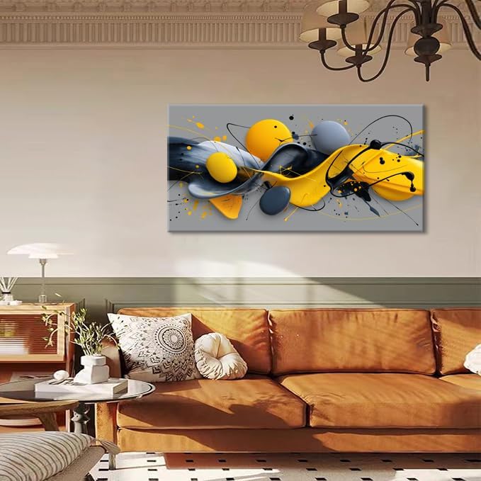 Yellow Abstract Splash Pigment Wall Art for Living Room Canvas Painting Prints Dynamic Art Deco Gray Vibrant Artwork Office Bedroom Family Decor Large