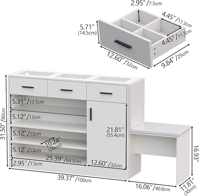 Wardrobe Armoire Closet with Charging & LED Light,Walk-in Closet Island Dresser with Glass Showcase,3 Drawers & Doors, Modern Storage Display Cabinet with Bench for Bedroom,Fitting Room & Shops（White）