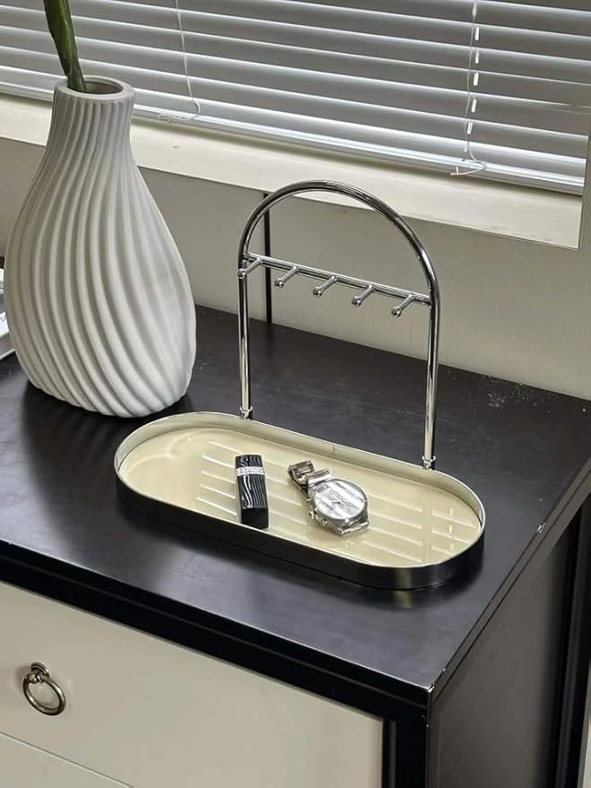 Shinpuru Metal Jewelry Organizer Stand & Key Holder Tray with Acrylic Base, Key Stand and Jewelry Tray with 5 Hooks, Perfect Key Bowl, Valet Key Tray, Ring Holder, Jewelry Dish (Silver Creamy)